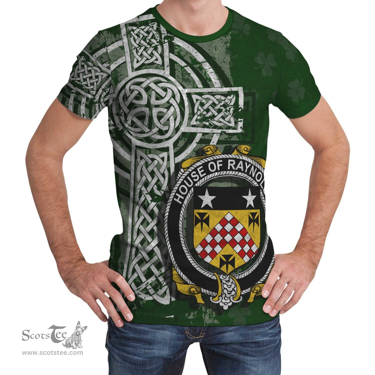 ScotsTee Shop Irish Raynolds Coat of Arms Irish Family Crest T Shirt Irish Shamrock Celtic Cross Green T Shirt