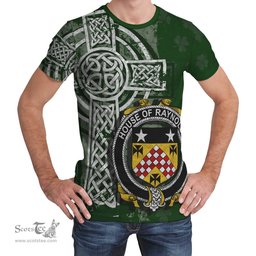 ScotsTee Shop Irish Raynolds Coat of Arms Irish Family Crest T Shirt Irish Shamrock Celtic Cross Green T Shirt