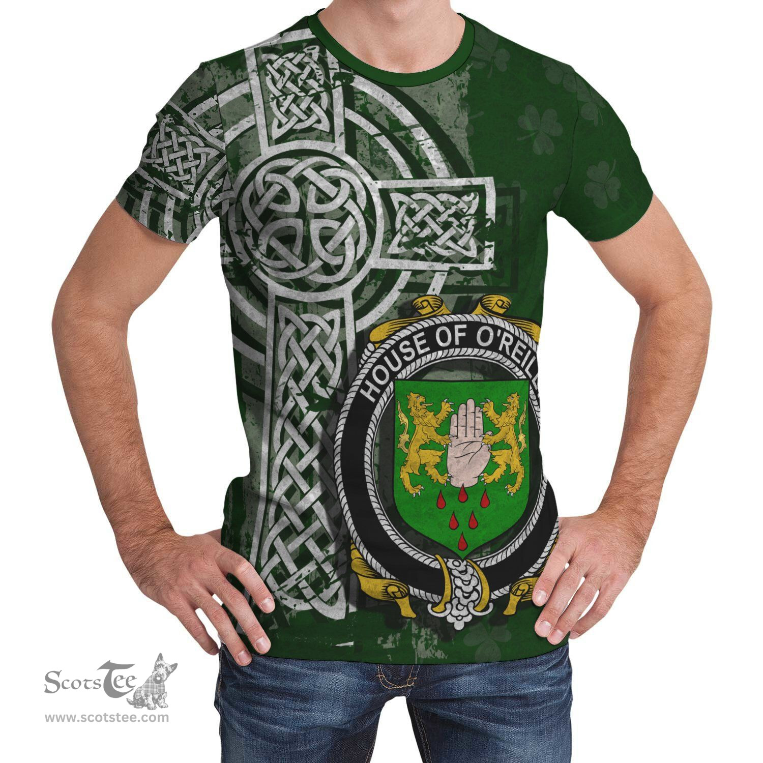 ScotsTee Shop Irish Reilly or O'Reilly Coat of Arms Irish Family Crest T Shirt Irish Shamrock Celtic Cross Green T Shirt