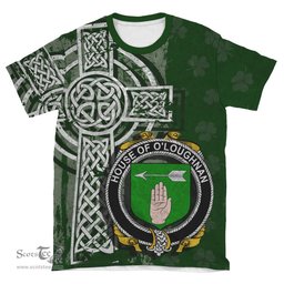 ScotsTee Shop Irish Loughnan or O'Loughnan Coat of Arms Irish Family Crest T Shirt Irish Shamrock Celtic Cross Green T Shirt