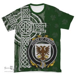 ScotsTee Shop Irish Reidy or O'Reidy Coat of Arms Irish Family Crest T Shirt Irish Shamrock Celtic Cross Green T Shirt
