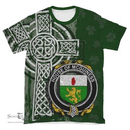 ScotsTee Shop Irish McGuiness or McGenis Coat of Arms Irish Family Crest T Shirt Irish Shamrock Celtic Cross Green T Shirt