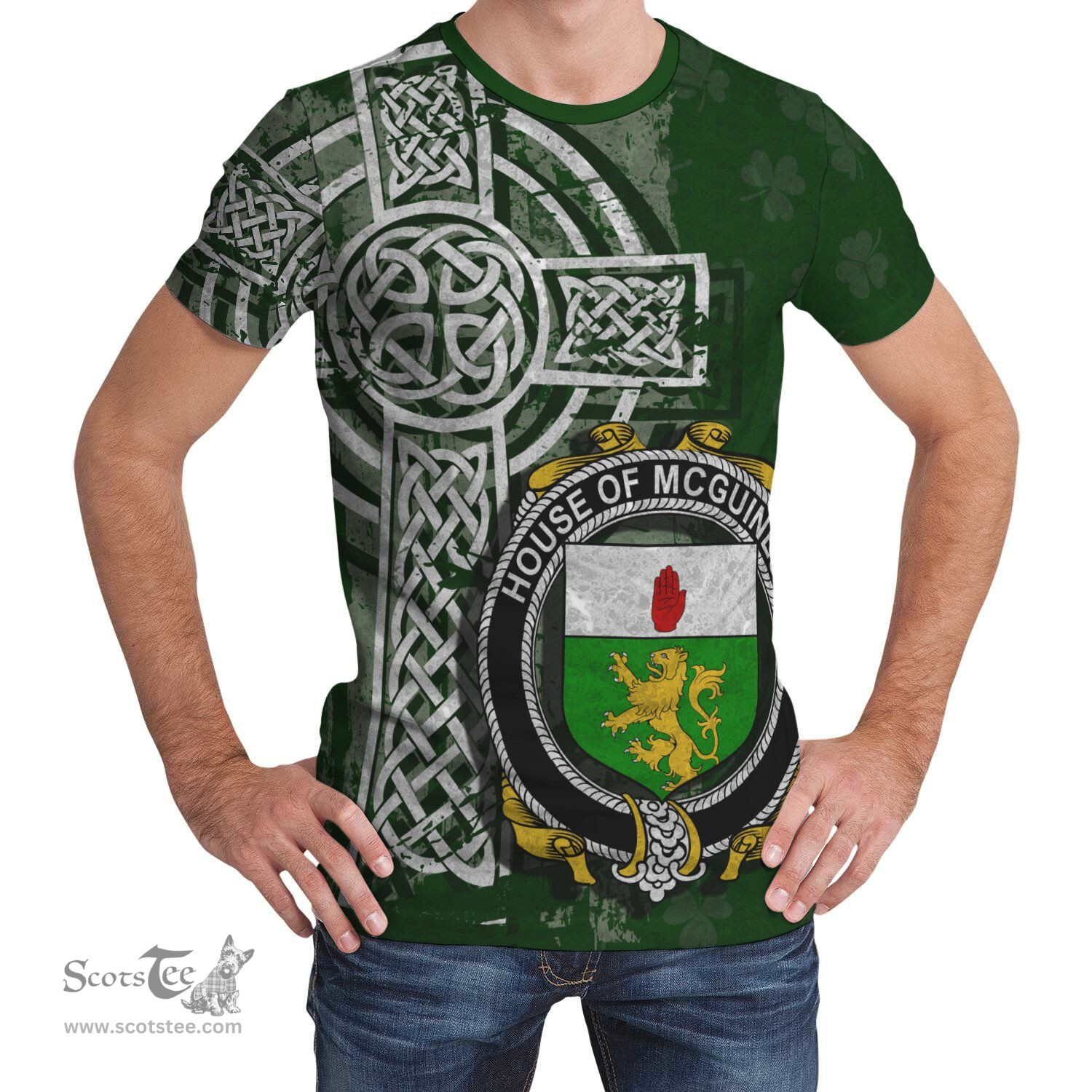 ScotsTee Shop Irish McGuiness or McGenis Coat of Arms Irish Family Crest T Shirt Irish Shamrock Celtic Cross Green T Shirt
