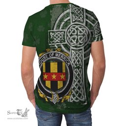 ScotsTee Shop Irish Merrick or Meyrick Coat of Arms Irish Family Crest T Shirt Irish Shamrock Celtic Cross Green T Shirt