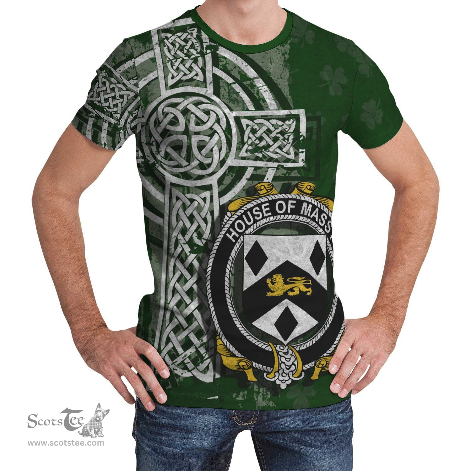 ScotsTee Shop Irish Massy or Massey Coat of Arms Irish Family Crest T Shirt Irish Shamrock Celtic Cross Green T Shirt