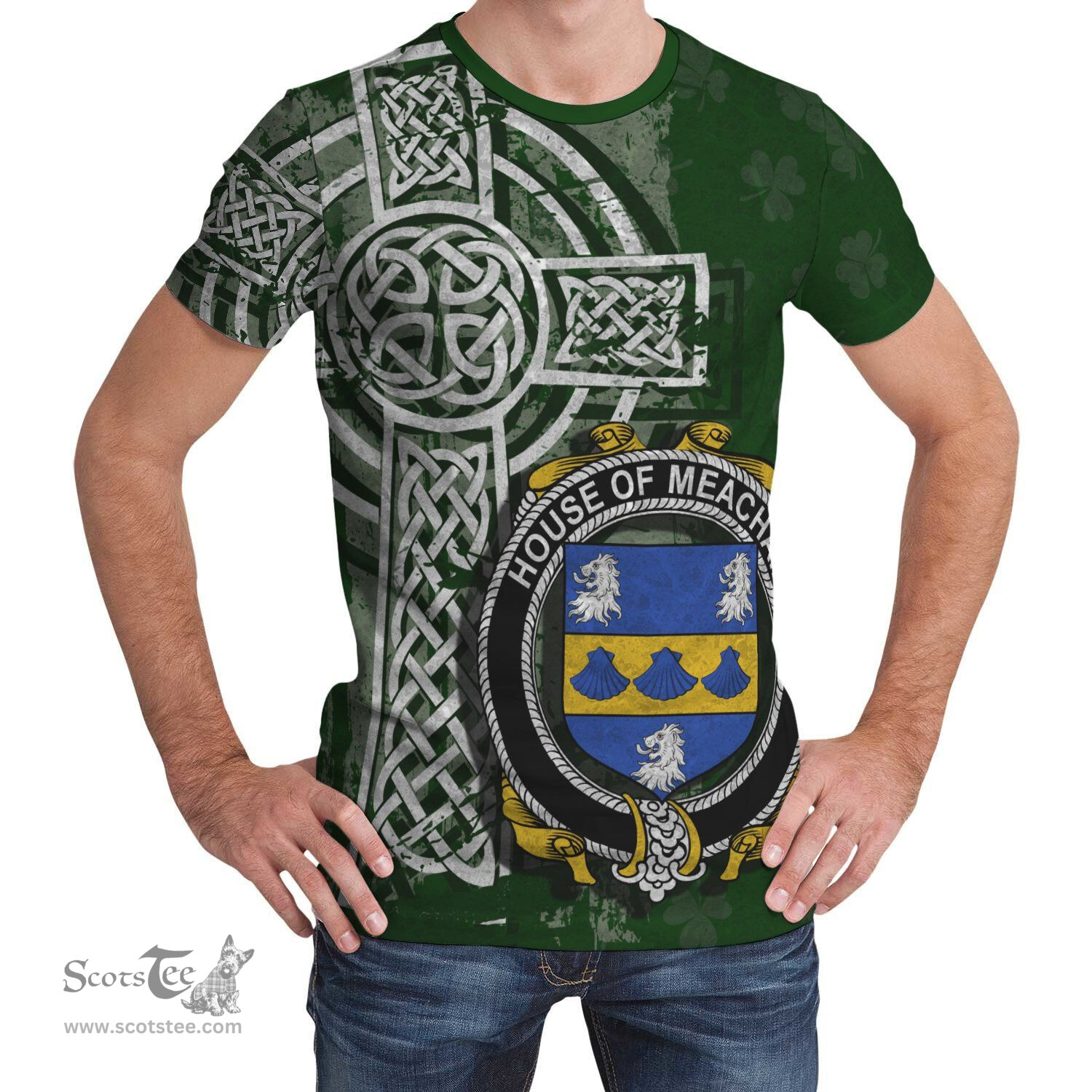 ScotsTee Shop Irish Meacham Coat of Arms Irish Family Crest T Shirt Irish Shamrock Celtic Cross Green T Shirt