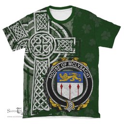 ScotsTee Shop Irish McLysacht or Lysacht Coat of Arms Irish Family Crest T Shirt Irish Shamrock Celtic Cross Green T Shirt