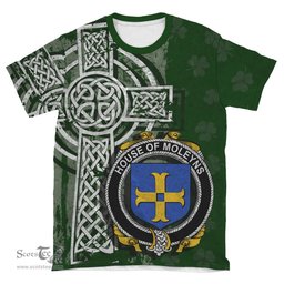ScotsTee Shop Irish Moleyns Coat of Arms Irish Family Crest T Shirt Irish Shamrock Celtic Cross Green T Shirt