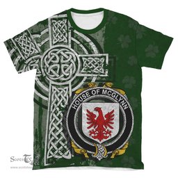 ScotsTee Shop Irish McGlynn or Glynn Coat of Arms Irish Family Crest T Shirt Irish Shamrock Celtic Cross Green T Shirt