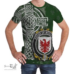 ScotsTee Shop Irish McGlynn or Glynn Coat of Arms Irish Family Crest T Shirt Irish Shamrock Celtic Cross Green T Shirt