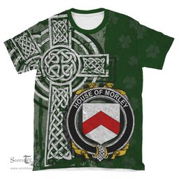 ScotsTee Shop Irish Morley Coat of Arms Irish Family Crest T Shirt Irish Shamrock Celtic Cross Green T Shirt