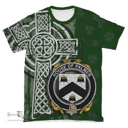 ScotsTee Shop Irish Palmer Coat of Arms Irish Family Crest T Shirt Irish Shamrock Celtic Cross Green T Shirt