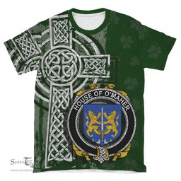 ScotsTee Shop Irish Meagher or O'Maher Coat of Arms Irish Family Crest T Shirt Irish Shamrock Celtic Cross Green T Shirt