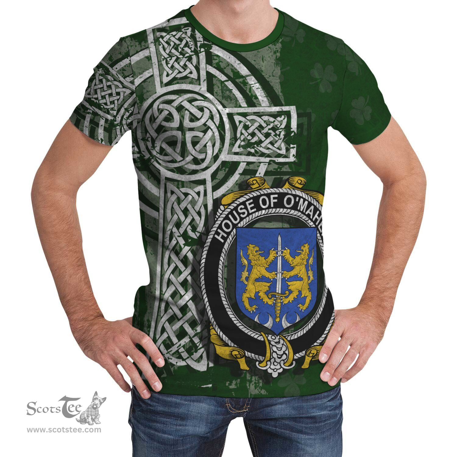 ScotsTee Shop Irish Meagher or O'Maher Coat of Arms Irish Family Crest T Shirt Irish Shamrock Celtic Cross Green T Shirt
