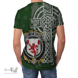 ScotsTee Shop Irish McAwley or McCawley Coat of Arms Irish Family Crest T Shirt Irish Shamrock Celtic Cross Green T Shirt