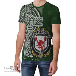 ScotsTee Shop Irish McAwley or McCawley Coat of Arms Irish Family Crest T Shirt Irish Shamrock Celtic Cross Green T Shirt