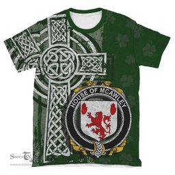 ScotsTee Shop Irish McAwley or McCawley Coat of Arms Irish Family Crest T Shirt Irish Shamrock Celtic Cross Green T Shirt