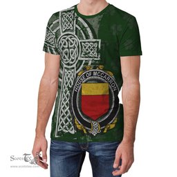 ScotsTee Shop Irish McCarron Coat of Arms Irish Family Crest T Shirt Irish Shamrock Celtic Cross Green T Shirt