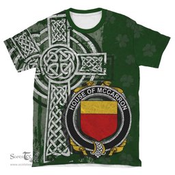 ScotsTee Shop Irish McCarron Coat of Arms Irish Family Crest T Shirt Irish Shamrock Celtic Cross Green T Shirt