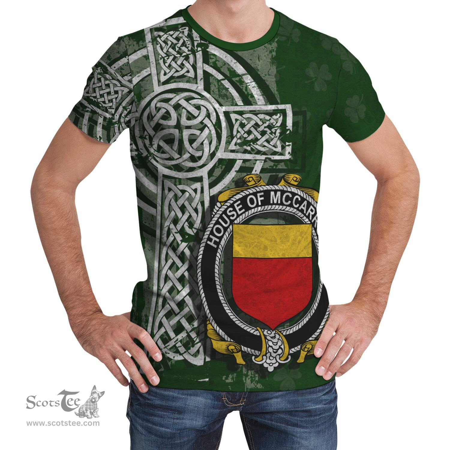 ScotsTee Shop Irish McCarron Coat of Arms Irish Family Crest T Shirt Irish Shamrock Celtic Cross Green T Shirt