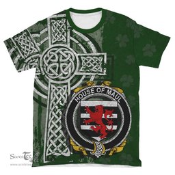 ScotsTee Shop Irish Maul or Maule Coat of Arms Irish Family Crest T Shirt Irish Shamrock Celtic Cross Green T Shirt