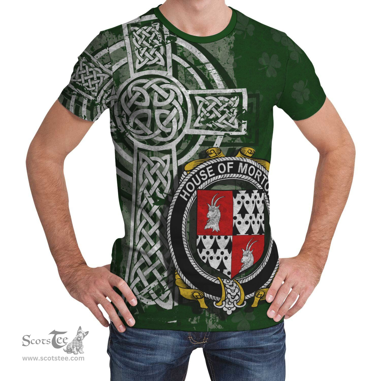 ScotsTee Shop Irish Morton Coat of Arms Irish Family Crest T Shirt Irish Shamrock Celtic Cross Green T Shirt