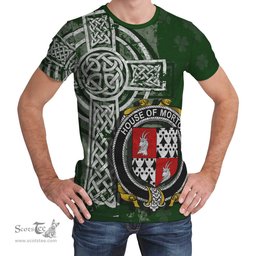 ScotsTee Shop Irish Morton Coat of Arms Irish Family Crest T Shirt Irish Shamrock Celtic Cross Green T Shirt
