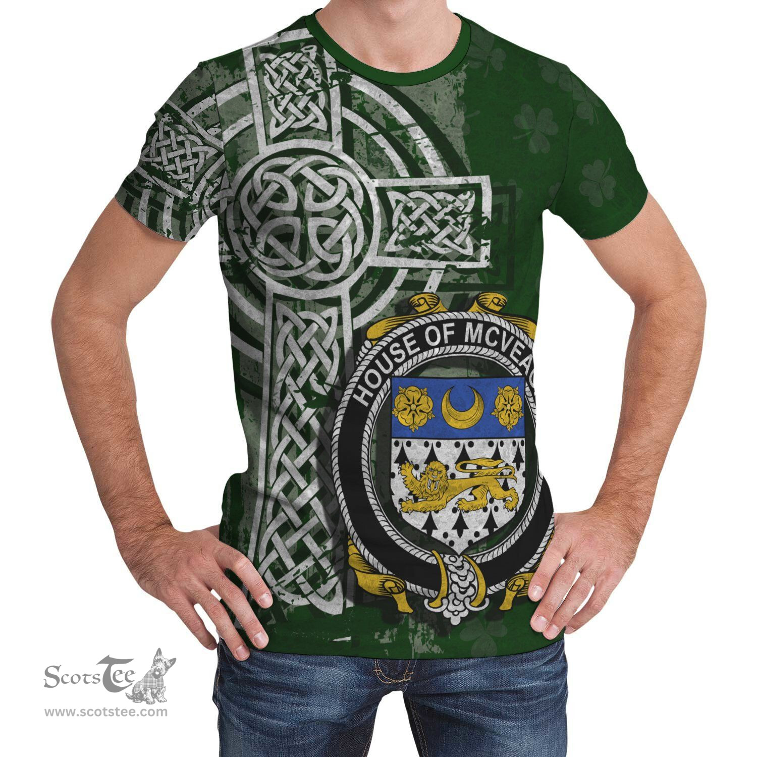 ScotsTee Shop Irish McVeagh or McFingah Coat of Arms Irish Family Crest T Shirt Irish Shamrock Celtic Cross Green T Shirt