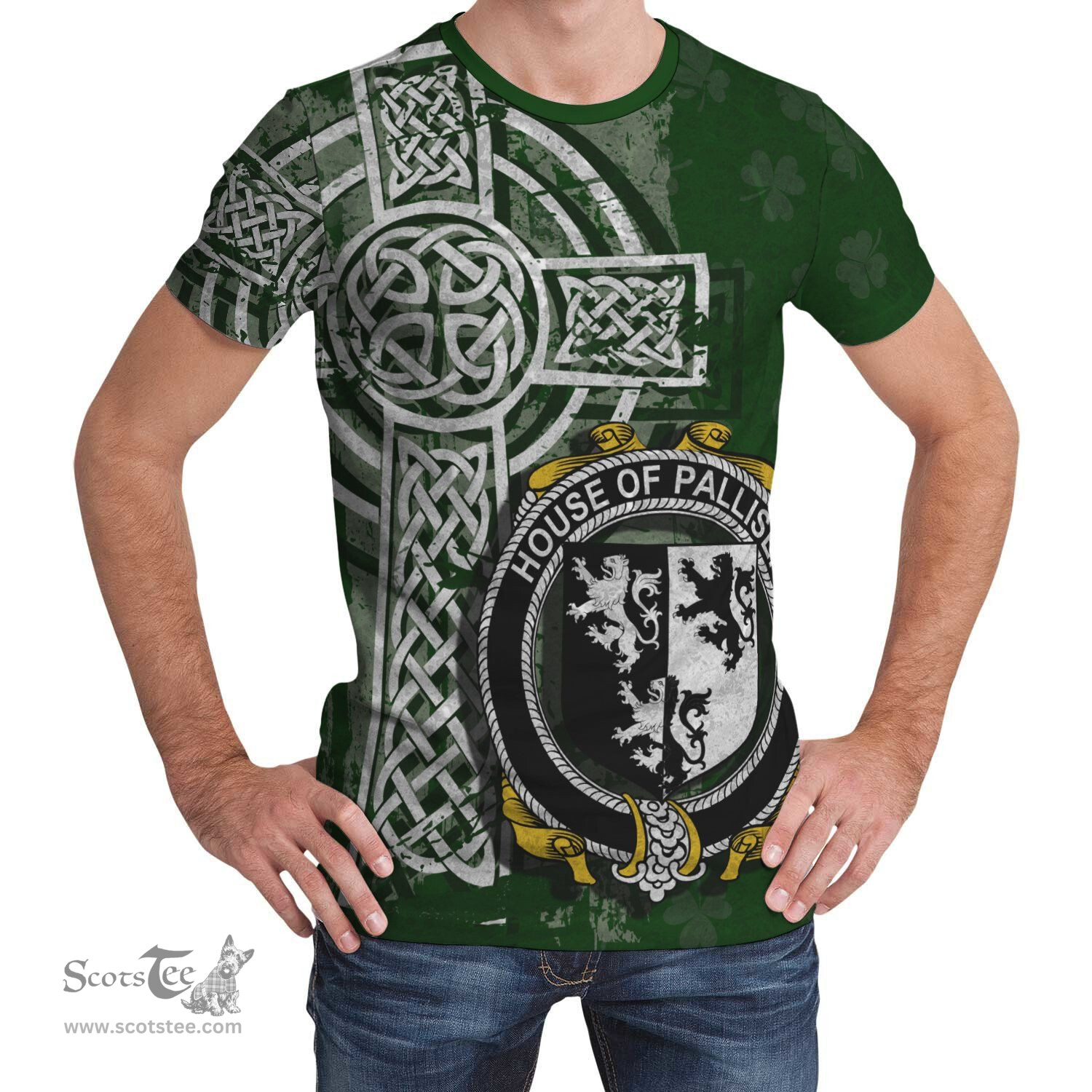 ScotsTee Shop Irish Palliser Coat of Arms Irish Family Crest T Shirt Irish Shamrock Celtic Cross Green T Shirt