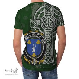 ScotsTee Shop Irish Mulholland Coat of Arms Irish Family Crest T Shirt Irish Shamrock Celtic Cross Green T Shirt