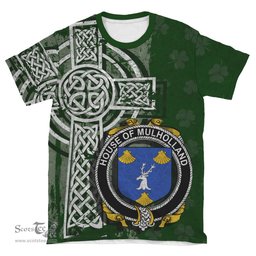 ScotsTee Shop Irish Mulholland Coat of Arms Irish Family Crest T Shirt Irish Shamrock Celtic Cross Green T Shirt
