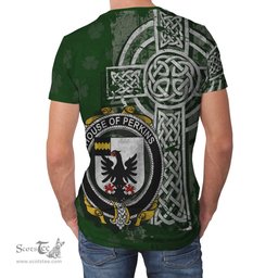 ScotsTee Shop Irish Perkins Coat of Arms Irish Family Crest T Shirt Irish Shamrock Celtic Cross Green T Shirt