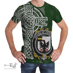 ScotsTee Shop Irish Perkins Coat of Arms Irish Family Crest T Shirt Irish Shamrock Celtic Cross Green T Shirt