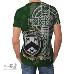 ScotsTee Shop Irish Maunsell Coat of Arms Irish Family Crest T Shirt Irish Shamrock Celtic Cross Green T Shirt