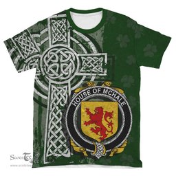 ScotsTee Shop Irish McHale or MacHale Coat of Arms Irish Family Crest T Shirt Irish Shamrock Celtic Cross Green T Shirt