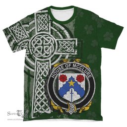 ScotsTee Shop Irish McClure Coat of Arms Irish Family Crest T Shirt Irish Shamrock Celtic Cross Green T Shirt