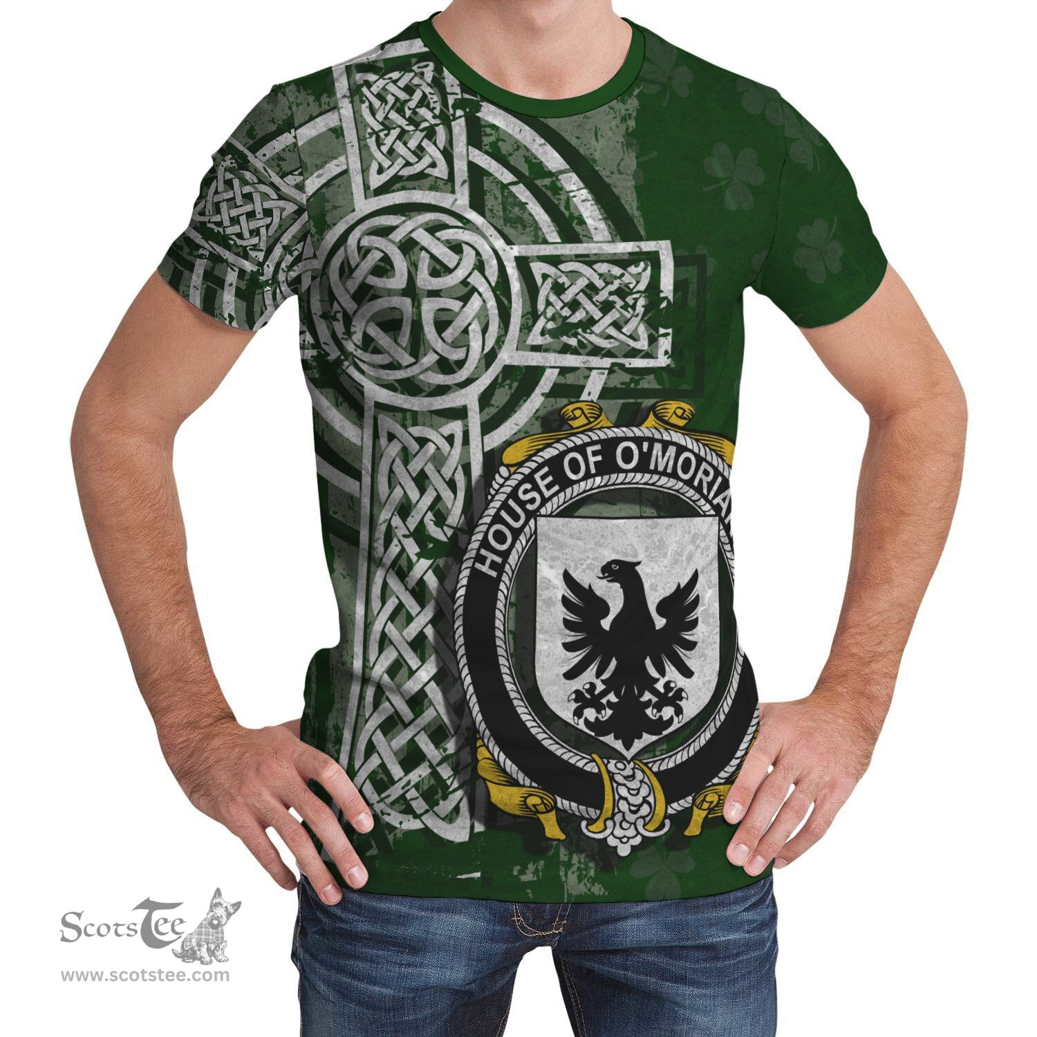 ScotsTee Shop Irish Moriarty or O'Moriarty Coat of Arms Irish Family Crest T Shirt Irish Shamrock Celtic Cross Green T Shirt