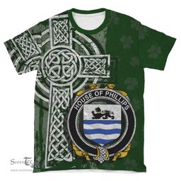ScotsTee Shop Irish Phillips Coat of Arms Irish Family Crest T Shirt Irish Shamrock Celtic Cross Green T Shirt