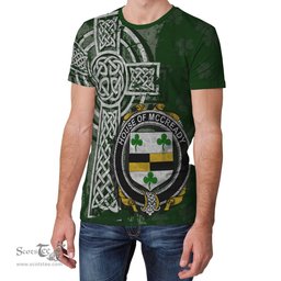 ScotsTee Shop Irish McCready or McCreadie Coat of Arms Irish Family Crest T Shirt Irish Shamrock Celtic Cross Green T Shirt