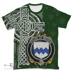 ScotsTee Shop Irish Meighe Coat of Arms Irish Family Crest T Shirt Irish Shamrock Celtic Cross Green T Shirt