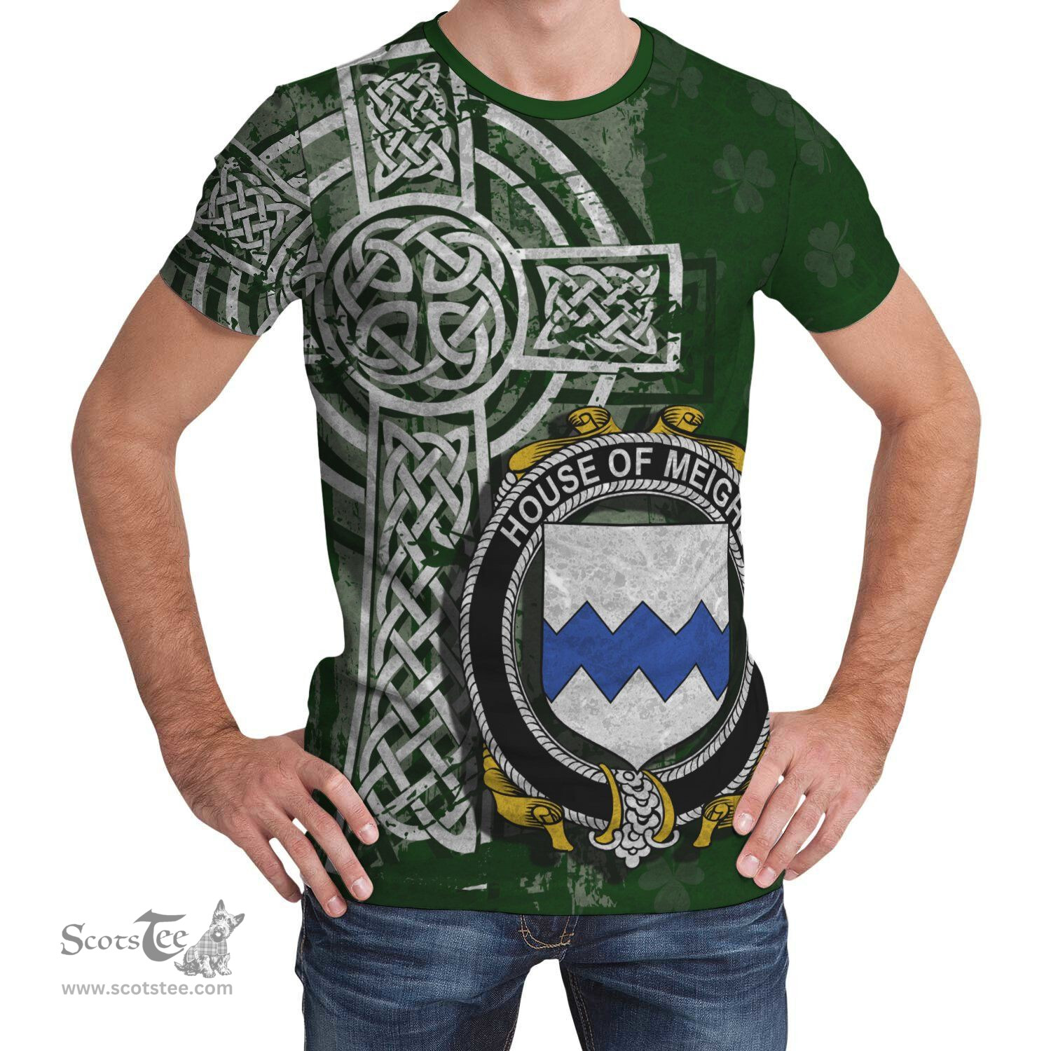 ScotsTee Shop Irish Meighe Coat of Arms Irish Family Crest T Shirt Irish Shamrock Celtic Cross Green T Shirt