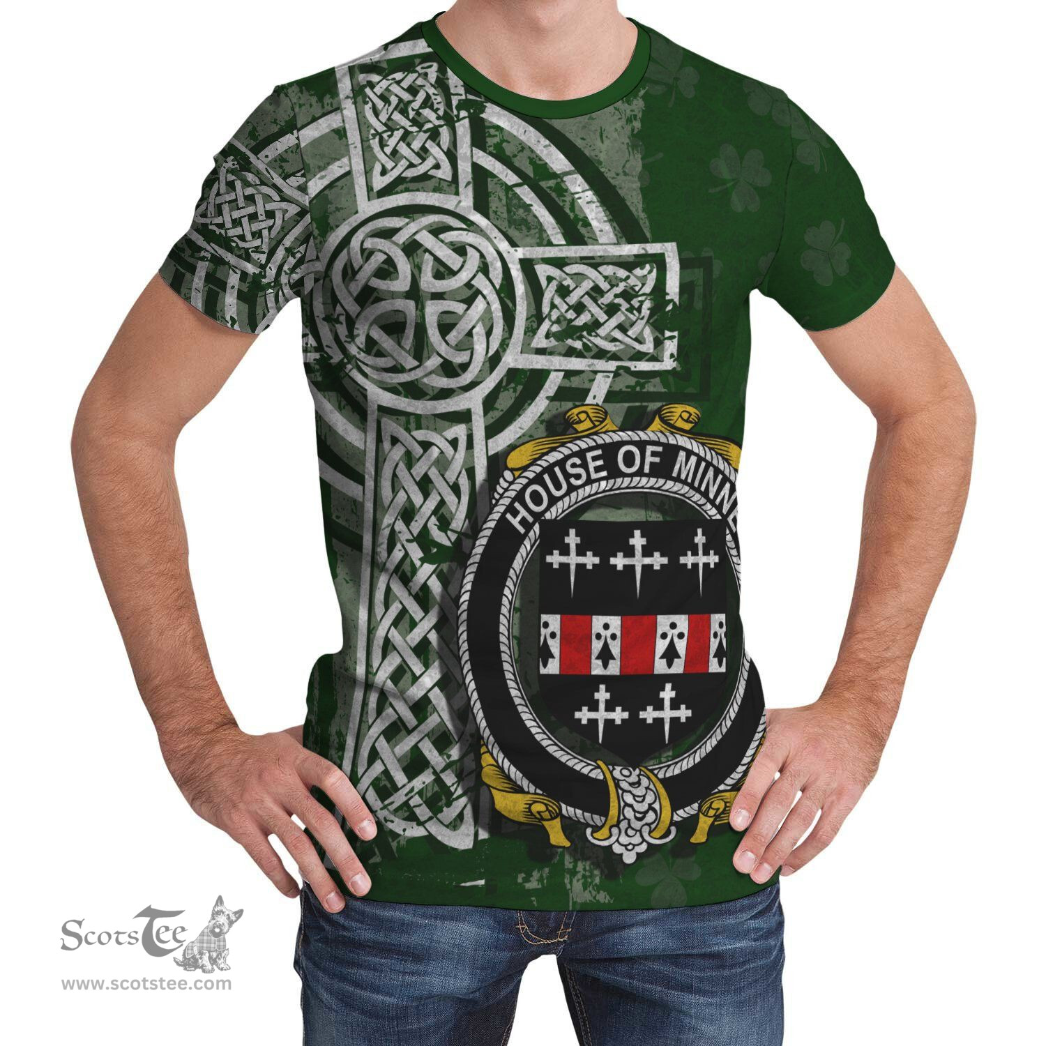 ScotsTee Shop Irish Minne Coat of Arms Irish Family Crest T Shirt Irish Shamrock Celtic Cross Green T Shirt