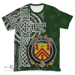 ScotsTee Shop Irish Powell Coat of Arms Irish Family Crest T Shirt Irish Shamrock Celtic Cross Green T Shirt