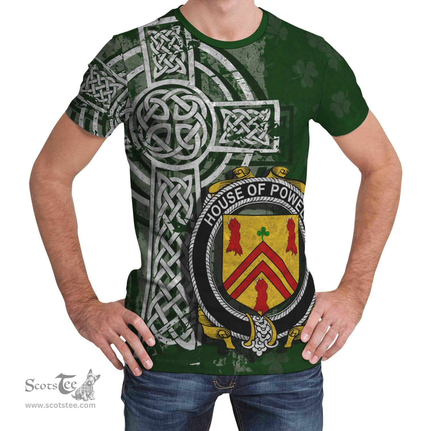 ScotsTee Shop Irish Powell Coat of Arms Irish Family Crest T Shirt Irish Shamrock Celtic Cross Green T Shirt