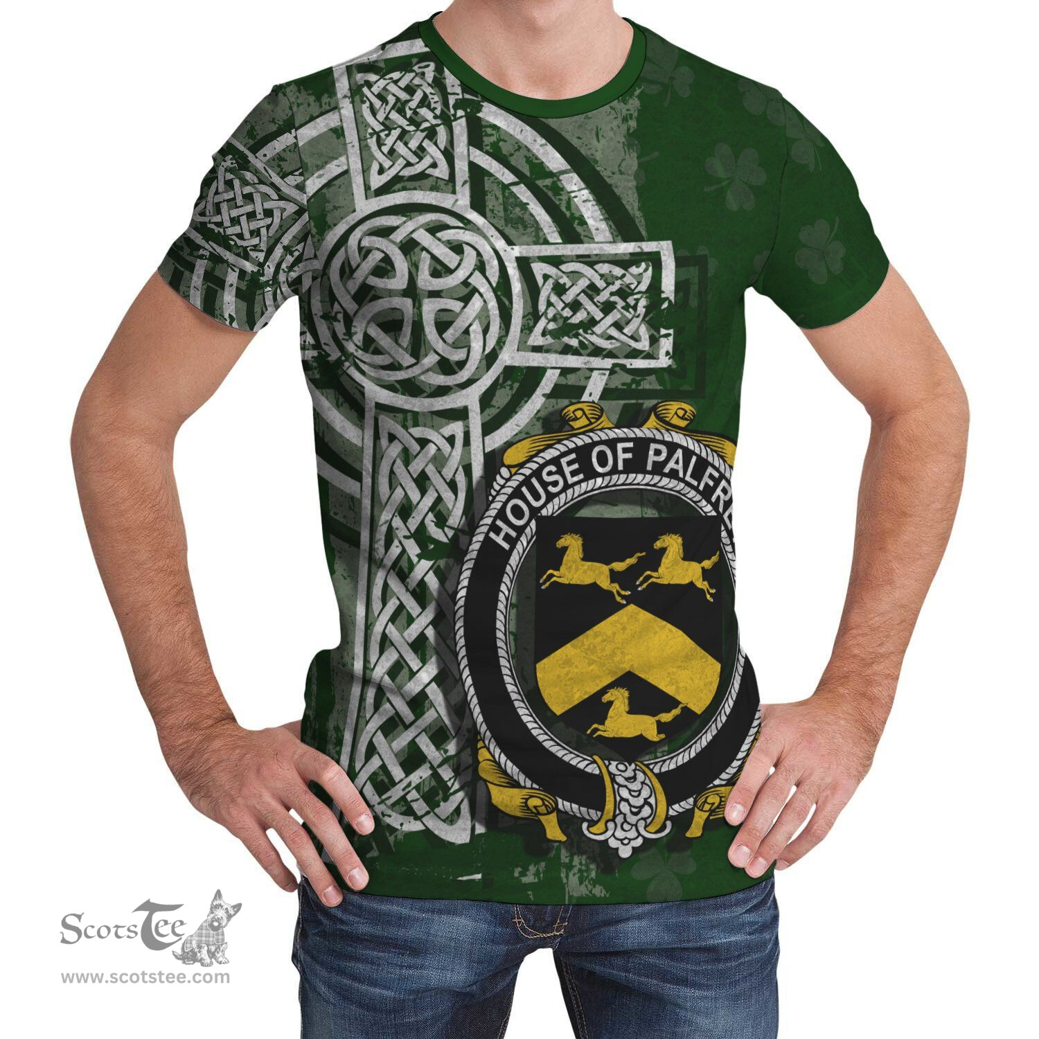 ScotsTee Shop Irish Palfrey Coat of Arms Irish Family Crest T Shirt Irish Shamrock Celtic Cross Green T Shirt