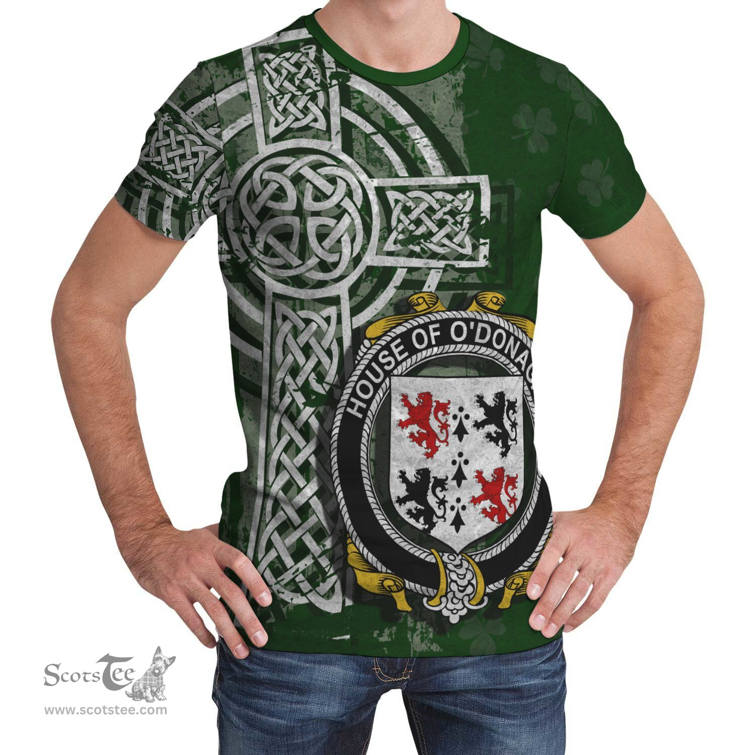 ScotsTee Shop Irish O'Donagan Coat of Arms Irish Family Crest T Shirt Irish Shamrock Celtic Cross Green T Shirt
