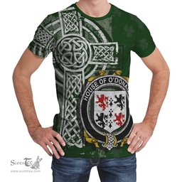 ScotsTee Shop Irish O'Donagan Coat of Arms Irish Family Crest T Shirt Irish Shamrock Celtic Cross Green T Shirt