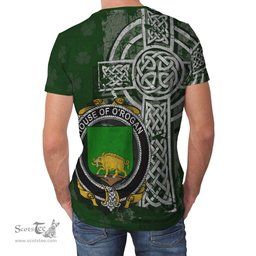 ScotsTee Shop Irish Rogan or O'Rogan Coat of Arms Irish Family Crest T Shirt Irish Shamrock Celtic Cross Green T Shirt