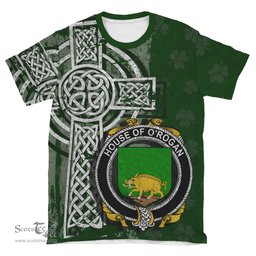 ScotsTee Shop Irish Rogan or O'Rogan Coat of Arms Irish Family Crest T Shirt Irish Shamrock Celtic Cross Green T Shirt