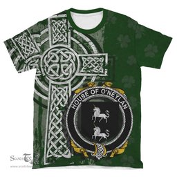 ScotsTee Shop Irish Neilan or O'Neylan Coat of Arms Irish Family Crest T Shirt Irish Shamrock Celtic Cross Green T Shirt